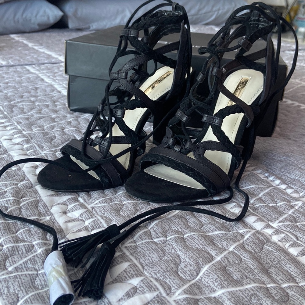BCBGeneration Black Crisscross Lace-up Heels with Tassels